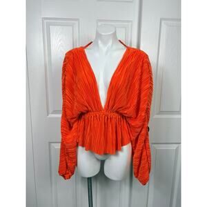 Cellecci Orange Long Sleeve Deep V-Neck Boho Blouse Flowy Empire Waist Sz S NWT